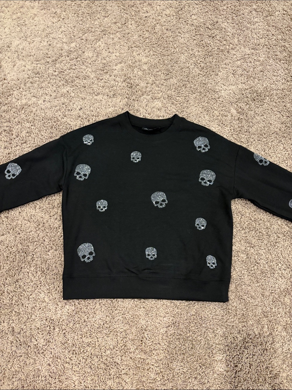 Marled Black Crewneck Sweater with Silver Skull Accents